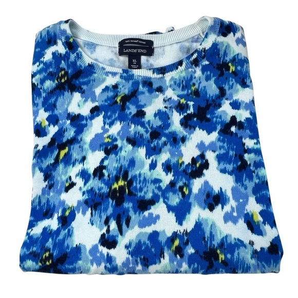 LANDS' END Blue Floral Supima Cotton Crewneck Sweater 3/4 Sleeve Women's XL - Picture 13 of 16